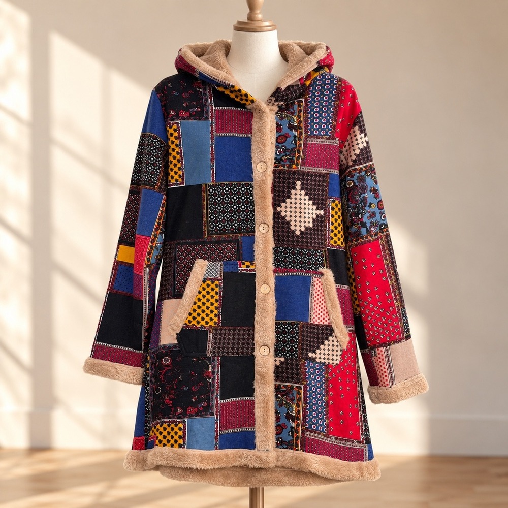 Coco + Carmen Adeline Patchwork Hooded Shacket S/M Faux Fur Boho Jacket Coat